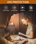 This clamp-on desk light with a 15.8 inch flexible silicone arm provides 3 color modes and 10 brightness levels for focused reading, studying, and crafts at a desk, headboard, or dorm, ideal for kids and late-night book sessions, shown lighting up a child's book.