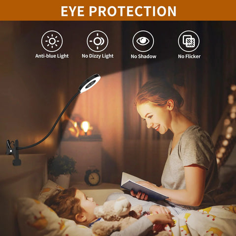 This clamp-on desk light with a 15.8 inch flexible silicone arm provides 3 color modes and 10 brightness levels for focused reading, studying, and crafts at a desk, headboard, or dorm, ideal for kids and late-night book sessions, shown lighting up a child's book.