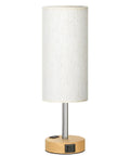 Bedside Table Lamp With 3 Way Dimmable Touch Control, USB C Charging Ports And AC Outlet, wood base, flaxen fabric shade
