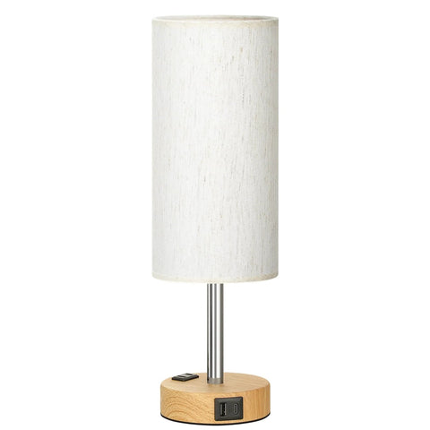 Bedside Table Lamp With 3 Way Dimmable Touch Control, USB C Charging Ports And AC Outlet, wood base, flaxen fabric shade
