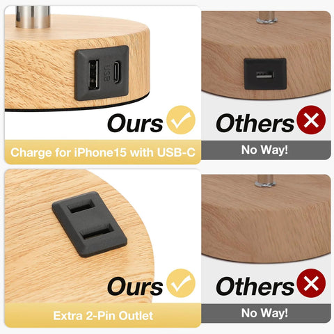 Comparison of bedside table lamp bases showing ours with USB-C and USB-A ports, and others with a single USB port.