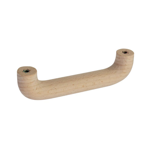 Six Pack Beech Wood Unfinished Round Arched Bridge Furniture Pulls Handles Set For Cabinets And Drawers, two hole design, close-up view.