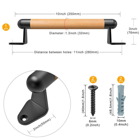 12 Inch Solid Beech Wood Barn Door Handle With Black Metal Brackets Sliding Door Pull For Fence Gate Closet Shed Indoor Handrail And Playground Safety Handles Easy Install Durable And Rust Resistant For Everyday Indoor Or Outdoor Use dimensions and components view