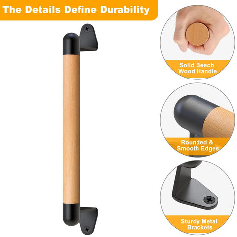 12 Inch Solid Beech Wood Barn Door Handle With Black Metal Brackets Sliding Door Pull For Fence Gate Closet Shed Indoor Handrail And Playground Safety Handles Easy Install Durable And Rust Resistant For Everyday Indoor Or Outdoor Use