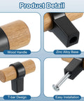 Detailed view of 6 Pcs T Bar Wooden Drawer Pulls Beech Wood with Black Finish Single Hole Dresser Knobs and screws included.