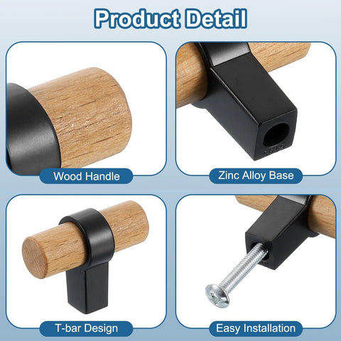 Detailed view of 6 Pcs T Bar Wooden Drawer Pulls Beech Wood with Black Finish Single Hole Dresser Knobs and screws included.