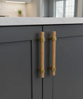Set Of Six 3.75 Inch Wooden Cabinet Pulls With Screws For Dresser Kitchen And Wardrobe Cabinets shown on grey cabinet doors