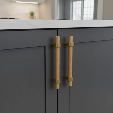 Set Of Six 3.75 Inch Wooden Cabinet Pulls With Screws For Dresser Kitchen And Wardrobe Cabinets shown on grey cabinet doors