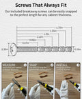Breakaway screws fitting guide and usage steps for cabinet pulls installation with gloves, pliers, and wood surface.