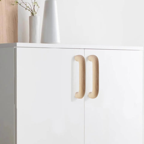 Six Pack Beech Wood Unfinished Round Arched Bridge Furniture Pulls Handles Set For Cabinets And Drawers on white cabinet