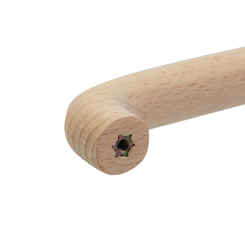 Close-up of Six Pack Beech Wood Unfinished Round Arched Bridge Furniture Pull Handle with two hole design for cabinets and drawers.