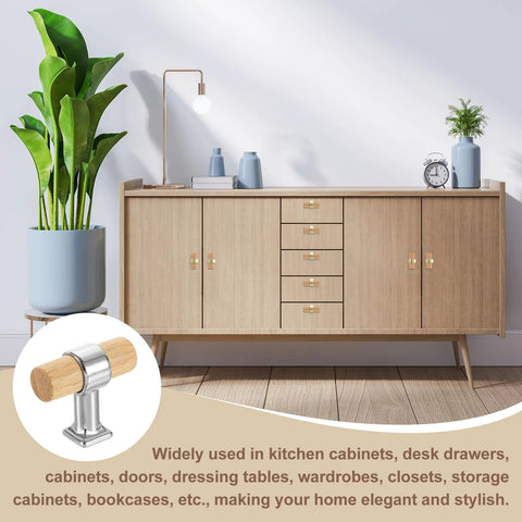 Beech Wood T Bar Drawer Pulls 4 Pack with Silver Base Screws installed on kitchen cabinet, 1.57 inch long, 0.69 inch wide.