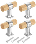 Beech Wood T Bar Drawer Pulls 4 Pack With Silver Base Screws Single Hole Cabinet Handles For Kitchen Bathroom Closet Cupboards
