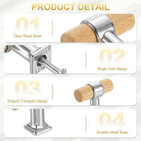 Product details of Beech Wood T Bar Drawer Pulls 4 Pack With Silver Base Screws Single Hole Cabinet Handles, featuring clear wood grain