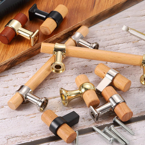 6 Pcs T Bar Wooden Drawer Pulls Beech Wood With Black Finish Single Hole Dresser Knobs and screws on table display