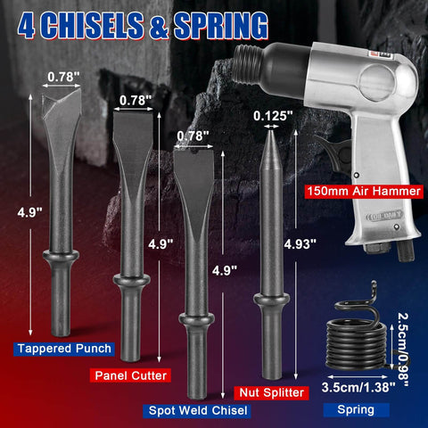 Beefy 150mm Air Hammer Kit With 4500 BPM Short Barrel Pneumatic Hammer, Quick Change Retainer, And Four Chisels shown