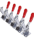 Beefy 220 Lbs Heavy Duty Toggle Clamp 201B Set 5 Pack with red handles, carbon steel, zinc finish, rubber tips, horizontal hold down.