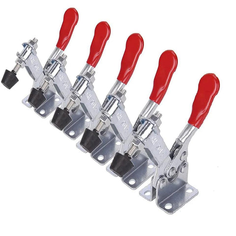 Beefy 220 Lbs Heavy Duty Toggle Clamp 201B Set 5 Pack with red handles, carbon steel, zinc finish, rubber tips, horizontal hold down.