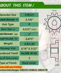 Diagram and specifications for Beefy Balanced 25 Tooth Rear Sprocket Built For Mini Bikes And Go Karts With Five Eighth Inch Bore