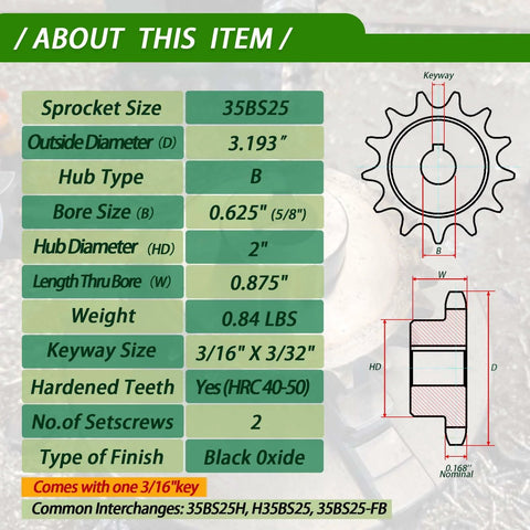 Diagram and specifications for Beefy Balanced 25 Tooth Rear Sprocket Built For Mini Bikes And Go Karts With Five Eighth Inch Bore