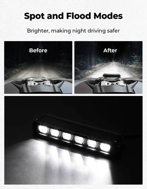 Spot and flood modes of Beefy Bright 26W LED Shock Tower Light Bar with mount bracket for Can Am Maverick X3 and X3 Max.