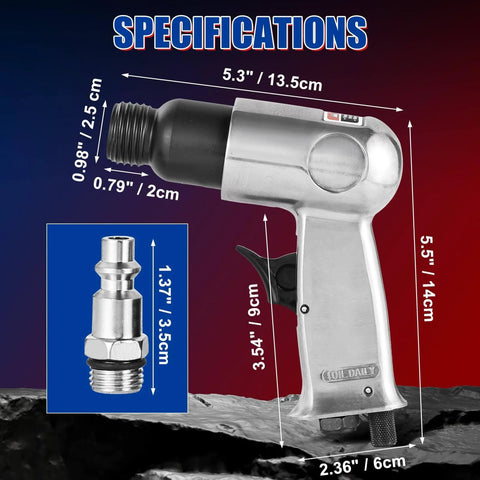 Specifications of Beefy 150mm Air Hammer Kit With 4500 BPM Short Barrel Pneumatic Hammer showing dimensions and fittings