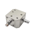 Beefy Right Angle Bevel Gearbox 1 Module 20 Teeth 8mm Shaft 90 Degree Drive, showing metal body and dual shafts