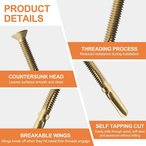Beefy Heavy Duty Self Drilling Wood To Metal Screws With Torx Star Drive Fourteen By Two And Five Eighths Inch Reamer Tek Screws Bronze Star Triple Coat for decks and hardwood or softwood no pre drill required 50 piece pack, showcasing countersunk head and threading process.