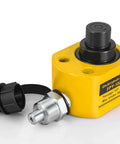 10 Ton Beefy Hydraulic Cylinder With 1.0 Inch Stroke Porta Power Ram in yellow finish, side view showing fittings and label