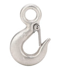Close-up of 1T stainless steel lifting hook with safety latch, 110mm length, 19mm eye diameter