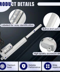 12V linear actuator for home automation showing product details and features like built-in limit switch, aluminum build, and labeling.