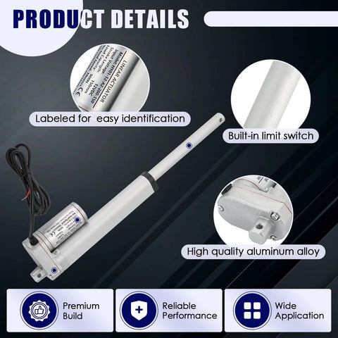 12V linear actuator for home automation showing product details and features like built-in limit switch, aluminum build, and labeling.