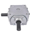 Front view of Beefy 40 HP Right Angle Bevel Gearbox With 2 Keyed Shafts 1 To 1 Cast Iron, showing cast iron housing and keyed shafts.