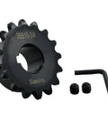 Beefy 35B16 Roller Chain Sprocket Type B with sixteen teeth and three quarter inch bore for ANSI 35 chain, includes setscrews and wrench.