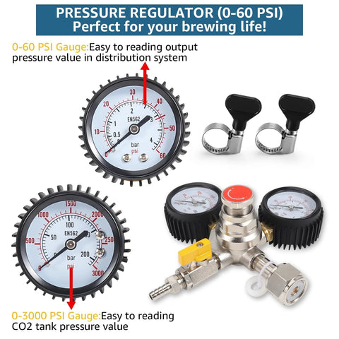 CO2 beer regulator for home kegerators with dual stage 60 PSI gauges and hose clamps for precise pressure control