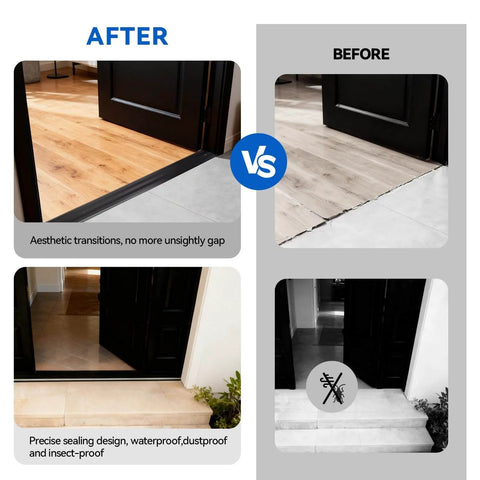 Before and after installation of 48"L 5"W 0.25"H Extra-Sturdy Aluminum Door Threshold Strip for seamless flooring transition.