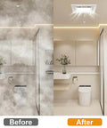 Bathroom before and after using Whisper Quiet 10 Inch Bathroom Exhaust Fan With 6500K Fixed LED Light, 1.0 Sone, 145 CFM, 1500 Lumens.