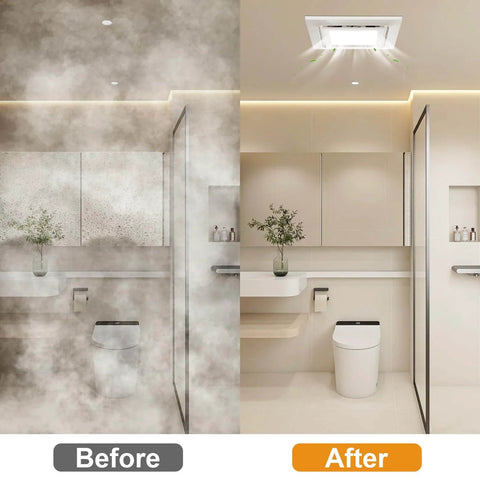 Bathroom before and after using Whisper Quiet 10 Inch Bathroom Exhaust Fan With 6500K Fixed LED Light, 1.0 Sone, 145 CFM, 1500 Lumens.