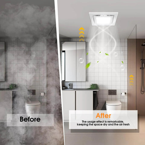 Comparison of bathroom air quality before and after using Super Quiet Ceiling Mount Bath Exhaust Fan With Light 110 CFM 1 Sones