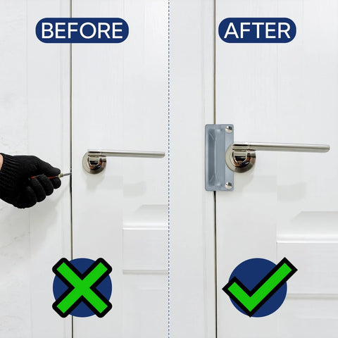Four Pack Latch Guard Plate Covers 3 By 7 Inches Carbon Steel With Screws Gaskets And Nuts Easy To Install Door Lock Protector shown on a door.