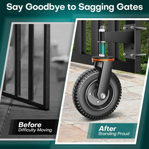 Heavy duty gate wheel anti sag support with 6 inch spring loaded gate caster, dual mount design rated for 750 lb capacity - before and after.