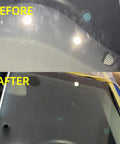 Before and after of glass treated with Cerium Oxide Glass Polishing Solution 100 Ml Bottle With Forty Percent Cerium Oxide Fast Cut Water Based Glass Polish Removes Scratches Water Stains And Oxide Films From Glass And Other Hard Surfaces Ideal For Automotive And Home Glass Care