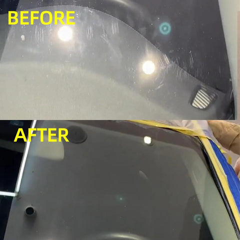Before and after of glass treated with Cerium Oxide Glass Polishing Solution 100 Ml Bottle With Forty Percent Cerium Oxide Fast Cut Water Based Glass Polish Removes Scratches Water Stains And Oxide Films From Glass And Other Hard Surfaces Ideal For Automotive And Home Glass Care