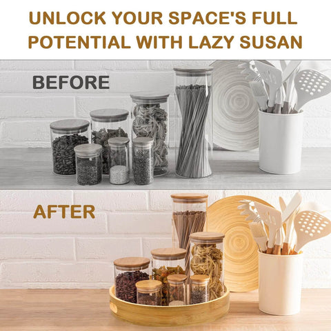 Before and after of a kitchen space using a 12 inch wooden lazy susan turntable organizer with handles for improved organization.
