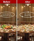 Before and after comparison of dining tables using 10 Inch Aluminum Alloy Lazy Susan Turntable Bearing showing improved 360-degree rotation.