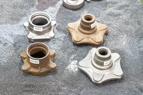 Long-lasting aluminum oxide blasting media in a 12 lb bag delivers high density, consistent grit for cleaning, deburring, etching and finishing on metal, glass, stone, and wood, excels in blasting cabinets and with sandblasting guns application shown on metal parts.