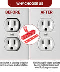 Before and after using 48Pcs Outlet Spacers For Electrical Boxes, fixing loose outlets with stackable spacers, showing secure alignment.