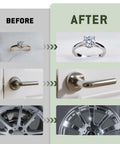 Before and after image displaying the effects of using five color coded 4oz polishing bars deliver a complete finishing workflow with progressive grits for metals and glass, giving faster, showroom ready shine on aluminum, stainless steel, jewelry, and glass surfaces on a ring, door handle, and alloy wheel.