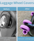 Comparison of luggage wheels before and after using Silicone Luggage Wheel Covers Protector Set; new purple covers on right.
