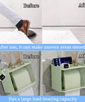 Before and after use of heavy duty double sided tape smoothing uneven surfaces and stabilizing shelves with load-bearing objects.